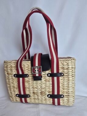 Striped-Handle Straw Tote Bag in Red & Cream